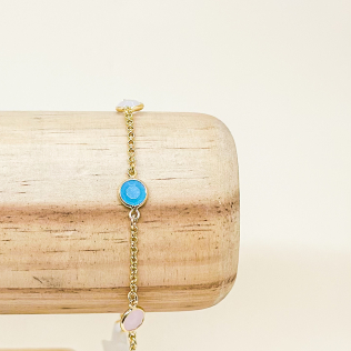 Pulseira cristais esféricos pasteis coloridos em banho de ouro