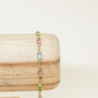 Pulseira Dourada Cristais Quadrados Coloridos 