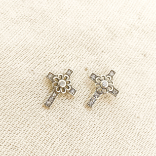 Brinco prata cruz com flor