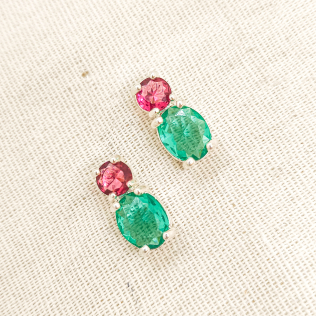 Brinco com Cristais Verde e Rosa 