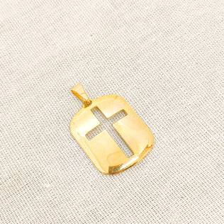 Pingente Placa Dourada com Cruz Vazada