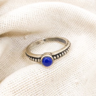 Anel Prata Pontilhado com Pedra Central Azul 
