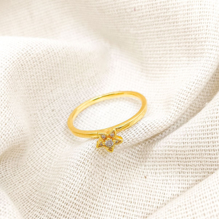 Anel Solitário Dourado Flor com Ponto de Luz 