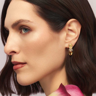 Brinco cristais morganita e citrino com 2 hastes cravejadas